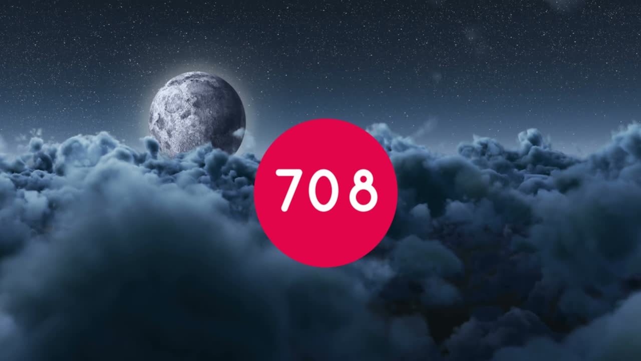 Increasing numbers on red circular banner over dark clouds and moon against grey background