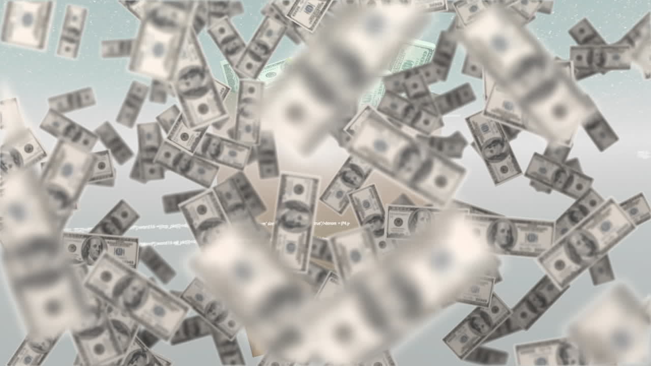 animación de dólares flotantes sobre una bolsa con dinero