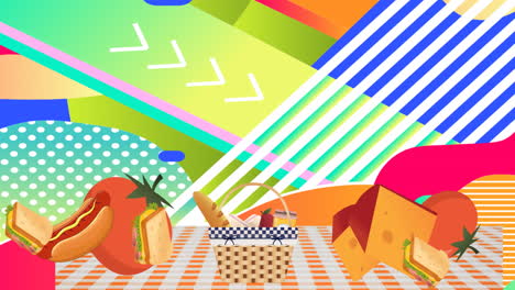 animation of picnic baskets on gingham tablecloth over abstract pattern background