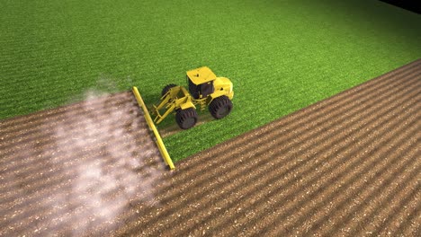 una vista de pájaro de una cosechadora combinada. cosecha de un campo de trigo. personal industrial sobre el tema agrícola. animación realista. bucle de video. arar la tierra
