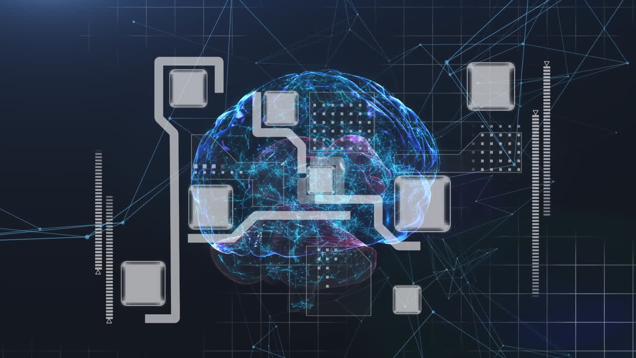 Animation of human brain and data processing over dark background