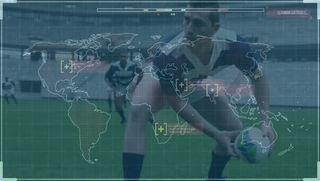 animación de la interfaz digital con el mapa del mundo sobre los jugadores de fútbol
