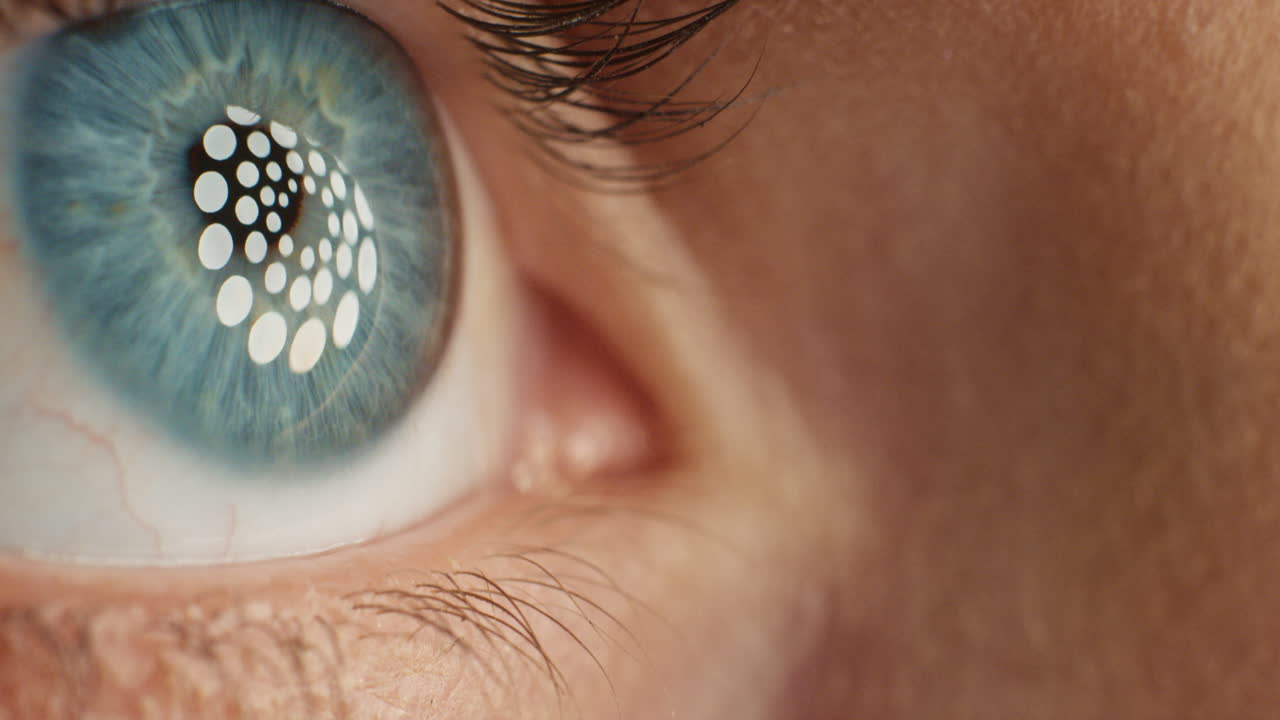 아이리스에 반사되는 빛과 함께 아름다운 파란 눈을 가까이 보십시오. 매크로 건강한 시력 수술 개념