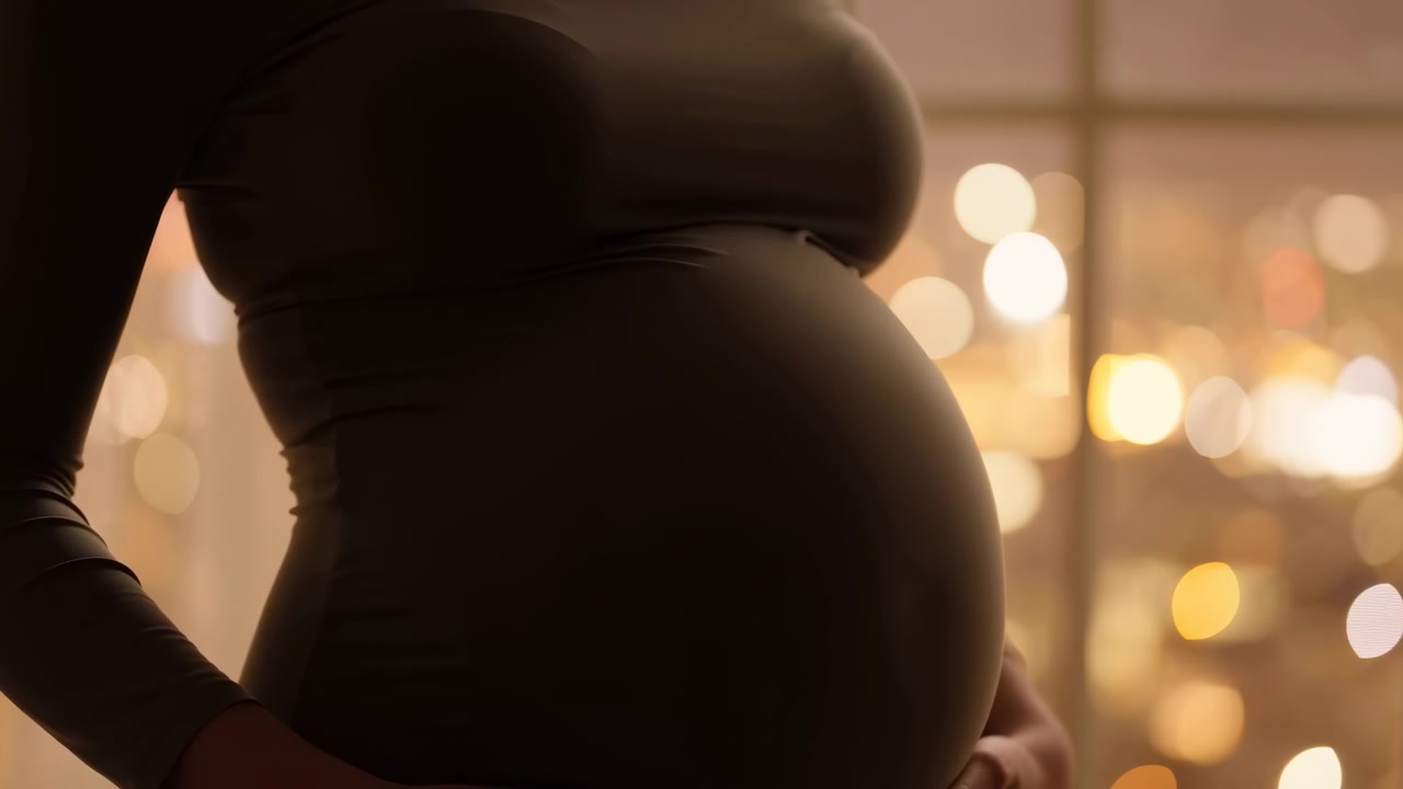 Nærbilde fra siden av en gravid overkropp med rund mage i en tettsittende mørk kjole, hender som forsiktig holder nederste del av magen i en omsorgsfull positur ved siden av et mykt, varmt vinduslys og uskarp by-bokeh.