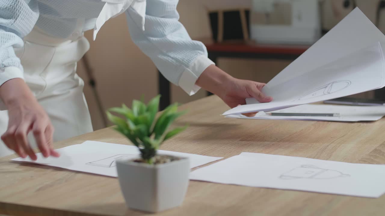 un primer plano de una mujer asiática diseñadora está arreglando el diseño de la fianza en la mesa de la oficina