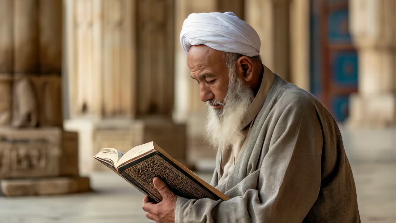 Elderly bearded muslim man wearing white turban deeply focusing on reading sacred quran while sitting inside peaceful mosque interior, embodying spiritual devotion and religious contemplation