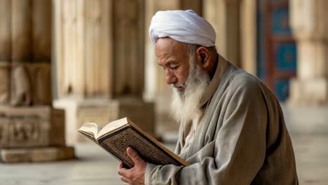 elderly bearded muslim man wearing white turban deeply focusing on reading sacred quran while sitting inside peaceful mosque interior, embodying spiritual devotion and religious contemplation