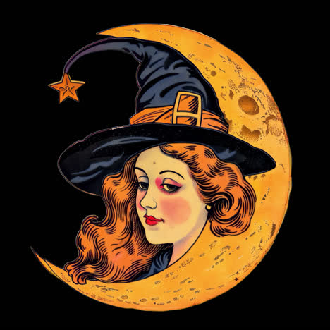 Vintage witch moon illustration animation isolated asset, transparent 4K video, alpha channel