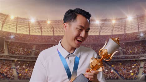 close up of asian man with a gold medal looking at a gold trophy in his hands and saying wow being happy winning as the first winner at the stadium