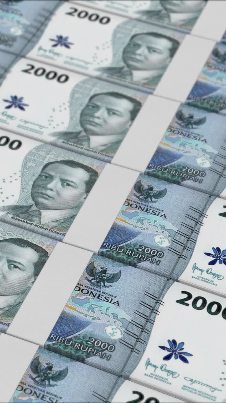 Vídeo vertical de notas de 2000 Rupias Indonésias sendo impressas por uma prensa de dinheiro