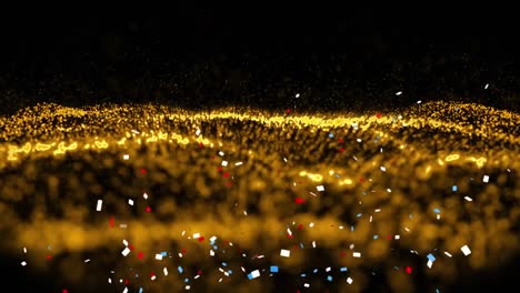 digital animation of colorful confetti falling over yellow digital wave on black background