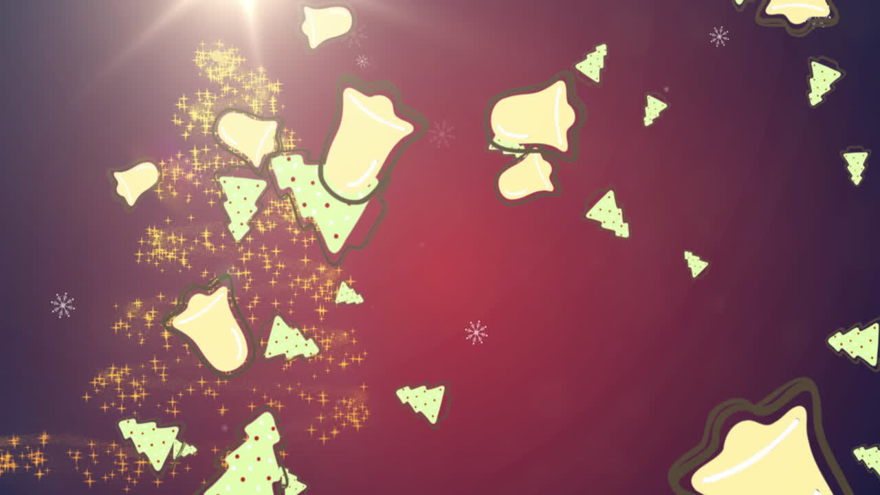 animación de campanas cayendo sobre las decoraciones de navidad sobre fondo rojo