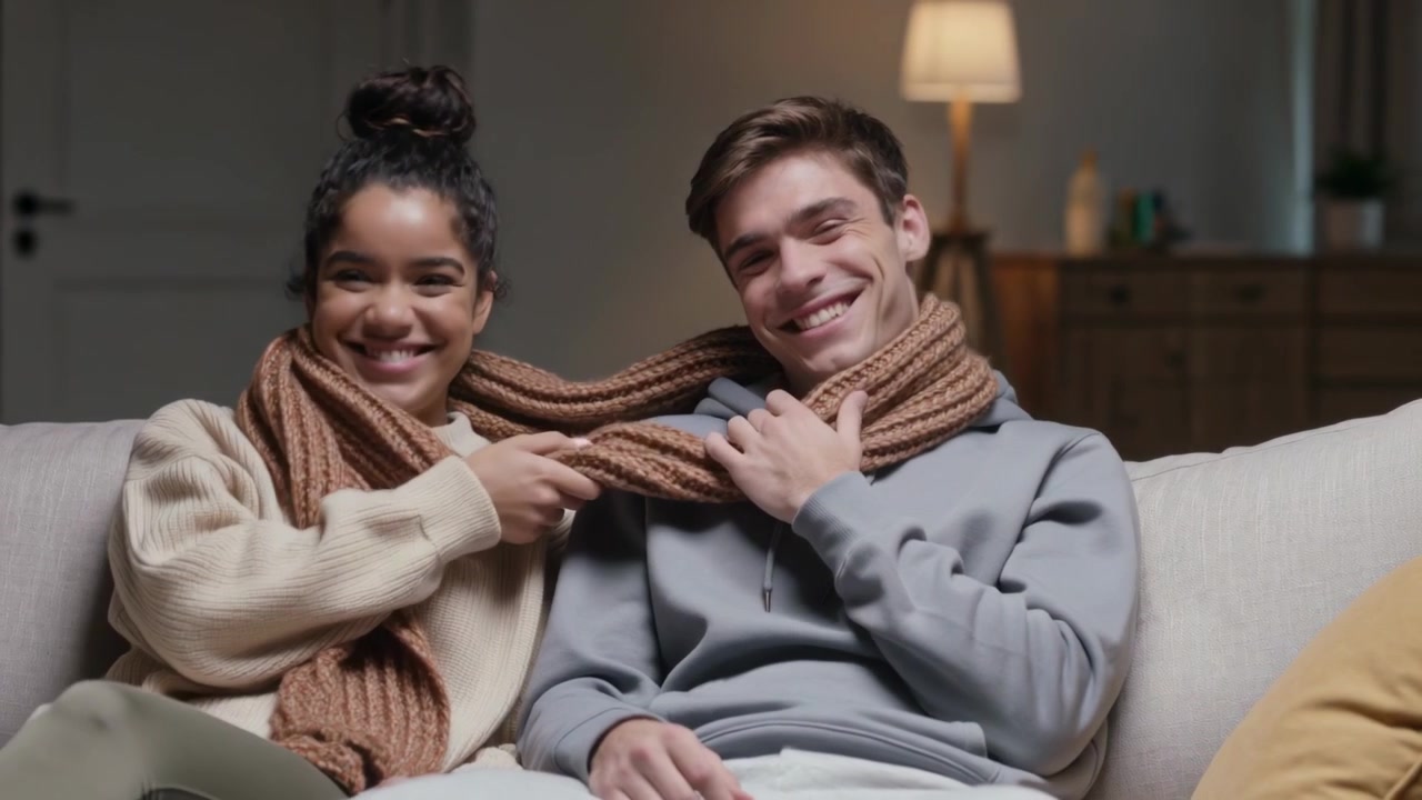 Donna in maglione che si avvicina, stringendo una lunga sciarpa marrone attorno a un uomo sul divano del soggiorno, condividendo il calore.