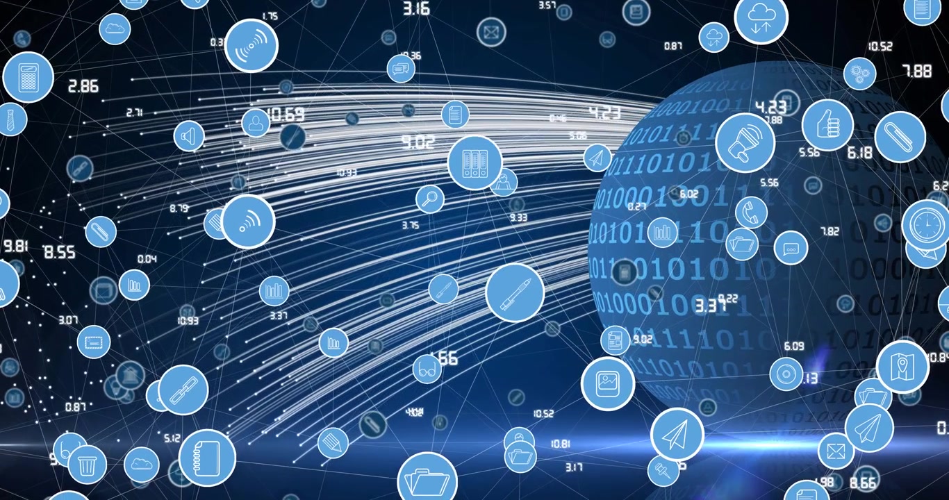 Animation of network of connections with digital icons over globe in background