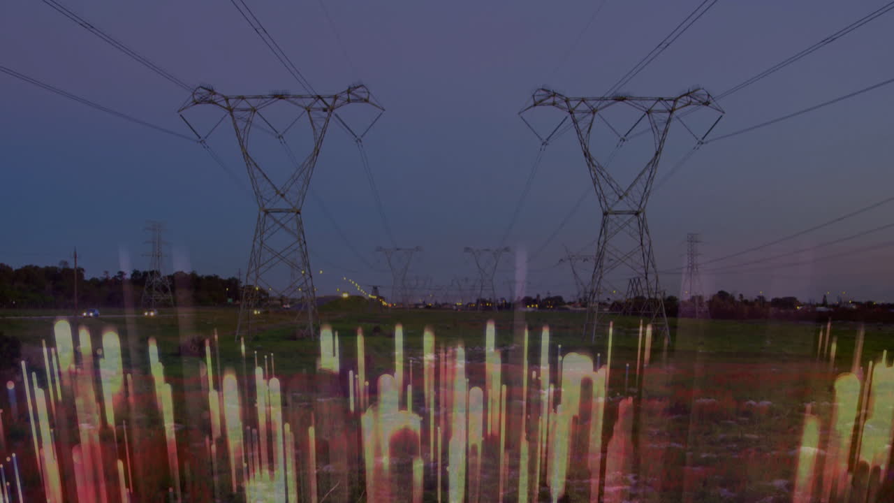 Power lines stretching across landscape with colorful data animation overlay