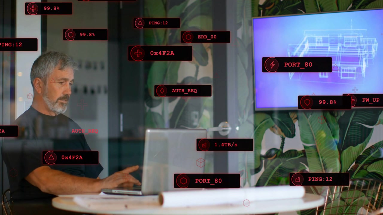 Man typing laptop causing red overlays clustering over 3D model plans while reviewing architecture