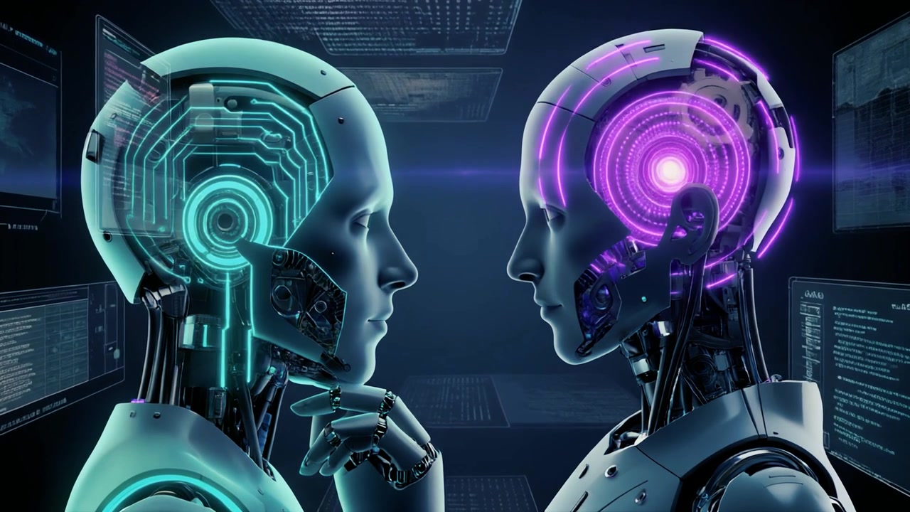 Two Futuristic Androids Facing Each Other with Glowing Neural Networks