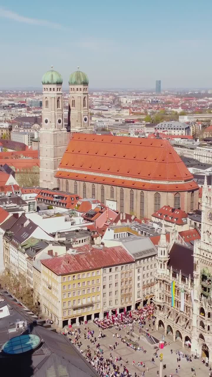 Beautiful aerial view of Munich's Marienplatz, showcasing the city’s vibrant energy, vertical