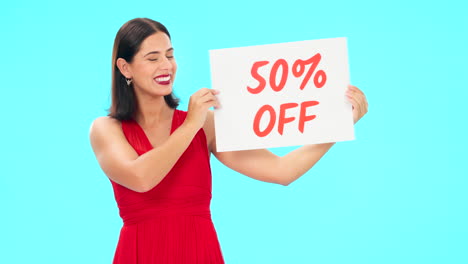 sale sign, portrait and woman in studio