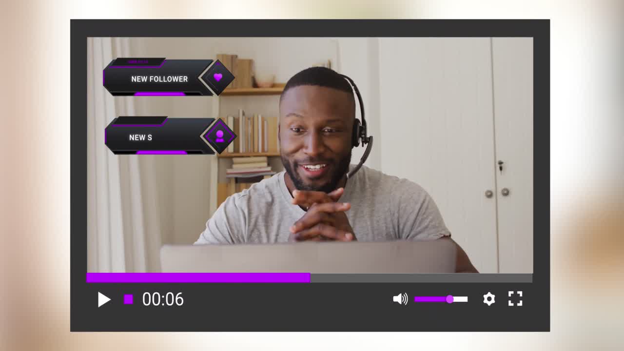 animación de la pantalla de las redes sociales sobre un hombre afroamericano haciendo un video blog