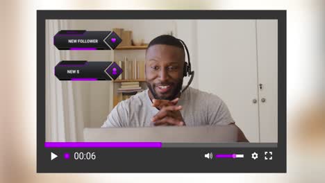 animation of social media screen over african american man making video blog