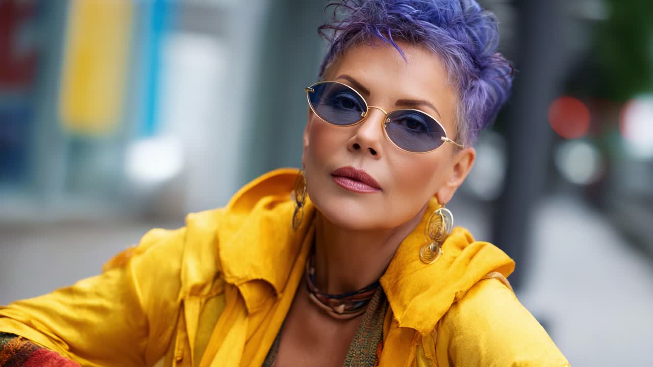 A confident woman with vibrant purple hair styles a striking yellow outfit and stylish sunglasses, embodying contemporary fashion and bold attitude in urban settings