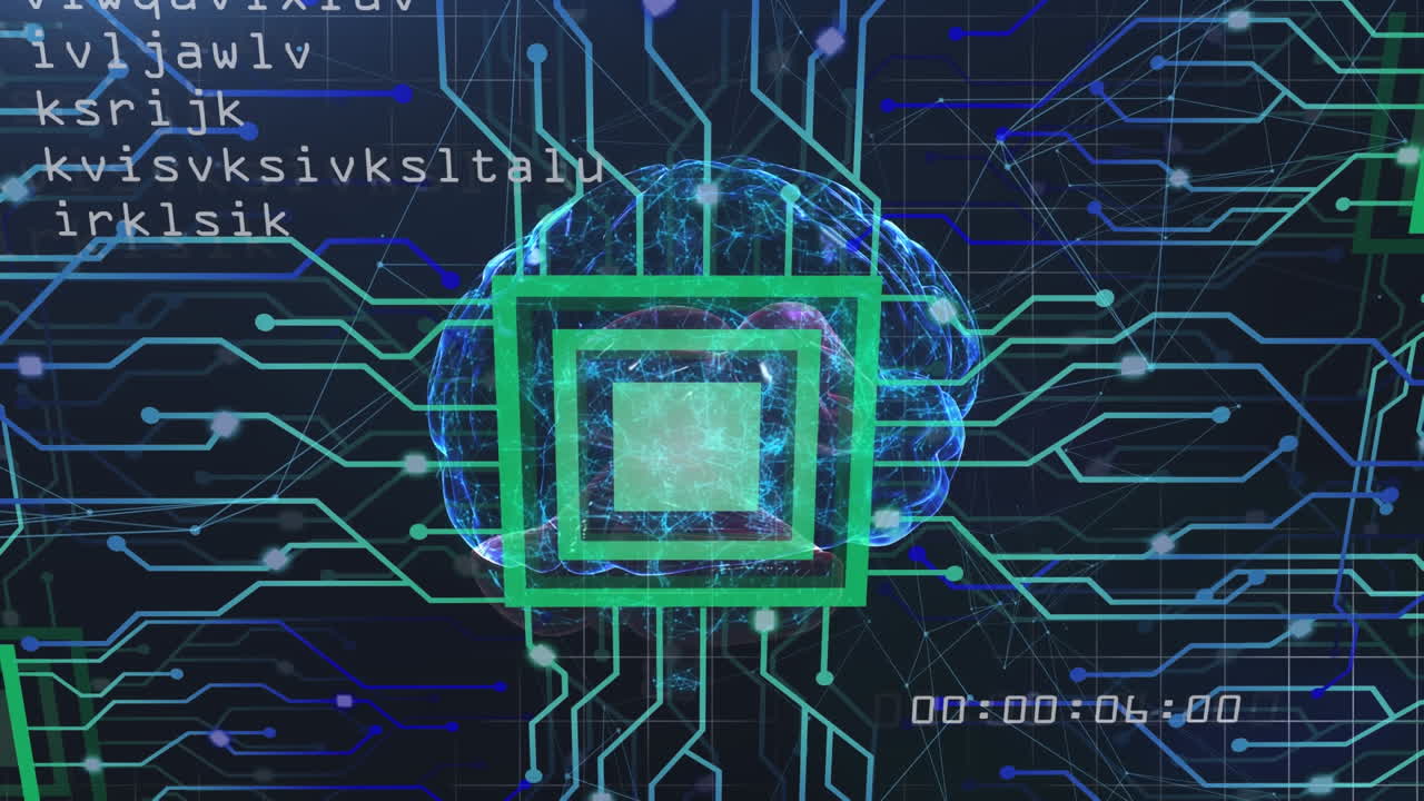 animación del cerebro humano y procesamiento de datos en una placa de circuitos
