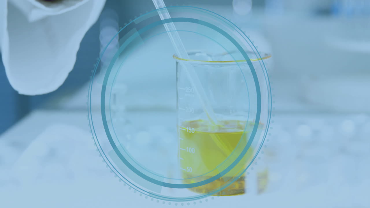 Glass beaker containing yellow liquid being visualized in 3D lab render, showing pipette HUD