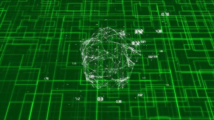 Geometric network and data points animation over green grid background