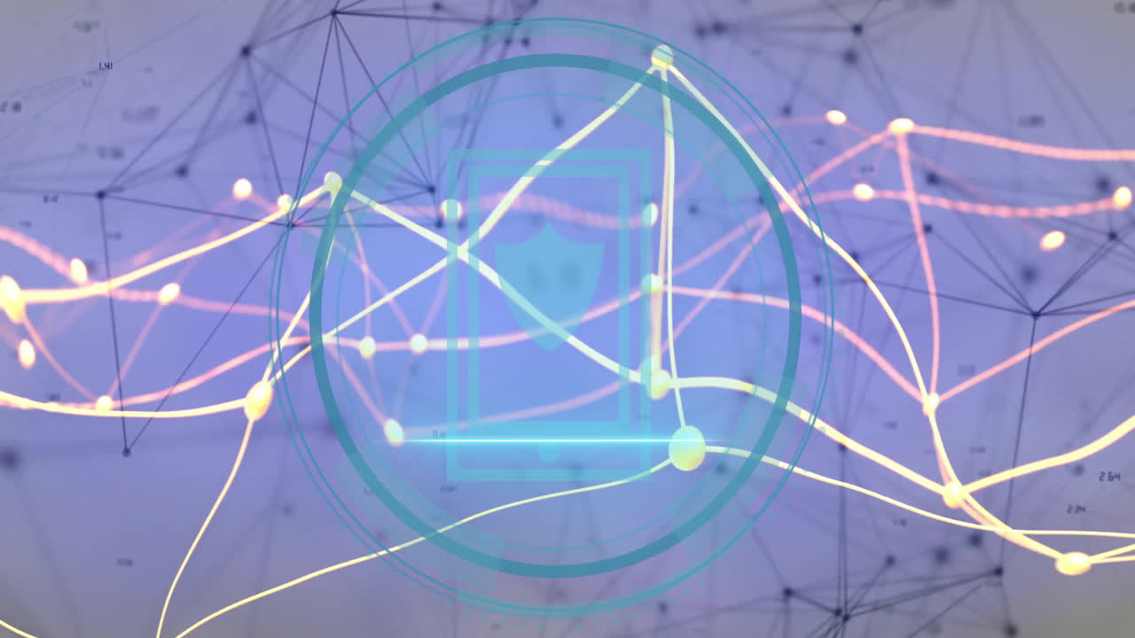 Digital security icon over abstract network and data connections animation