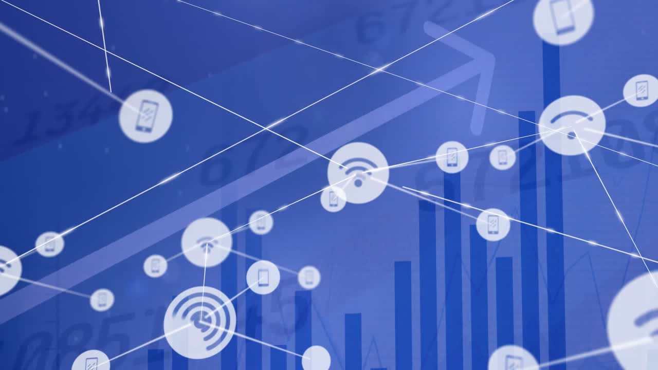animación del procesamiento de datos financieros a través de una red de conexiones con iconos