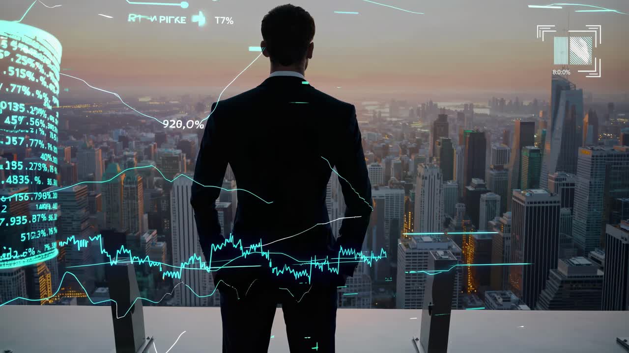 A businessman stands on a rooftop overlooking a cityscape at sunset, with digital graphs overlayed