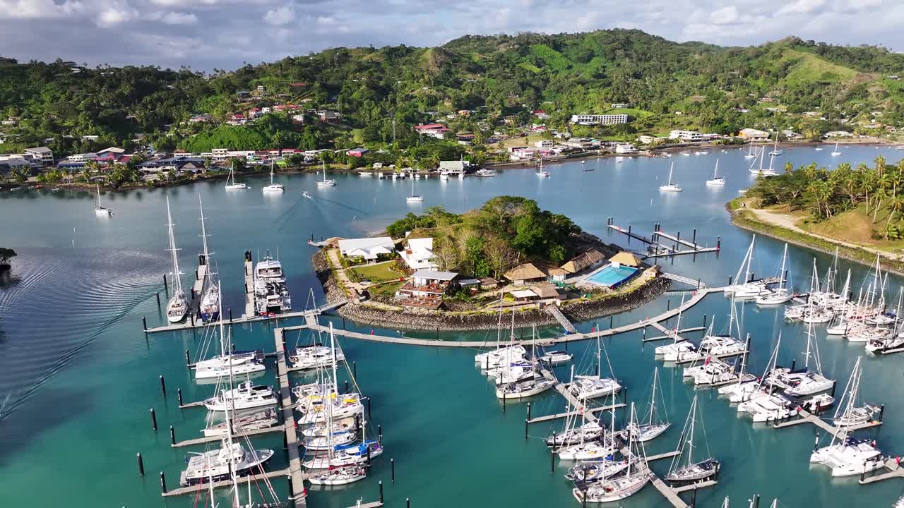 Moorings Of Nawi Island Marina At Nakama Creek In Savusavu Bay, Fiji Islands. Aerial Shot