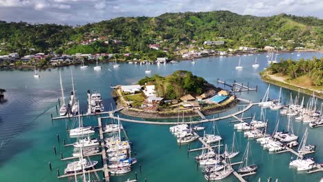 moorings of nawi island marina at nakama creek in savusavu bay, fiji islands. aerial shot