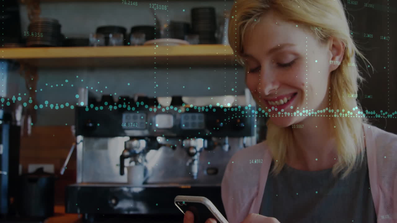Animazione di elaborazione di dati finanziari su donna caucasica che usa lo smartphone per fare la spesa.