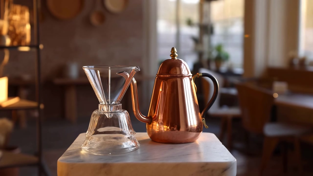 Nærbilde av et elegant kaffebryggingssett med gjennomsiktig karaffel, kobberkjele, kremfarget marmoroverflate, mykt vinduslys, milde refleksjoner, uskarp bakgrunn og en innbydende gjestfrihetsstemning.