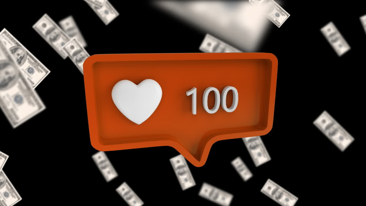 블랙 배경 위의 달러와 소셜 미디어 반응의 애니메이션