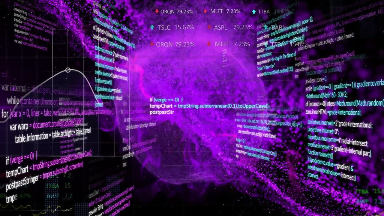 Animation of data processing over purple globe on black background