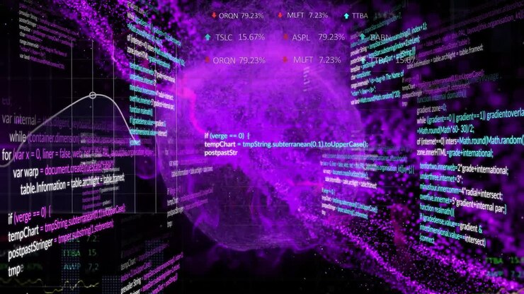 Animation of data processing over purple globe on black background
