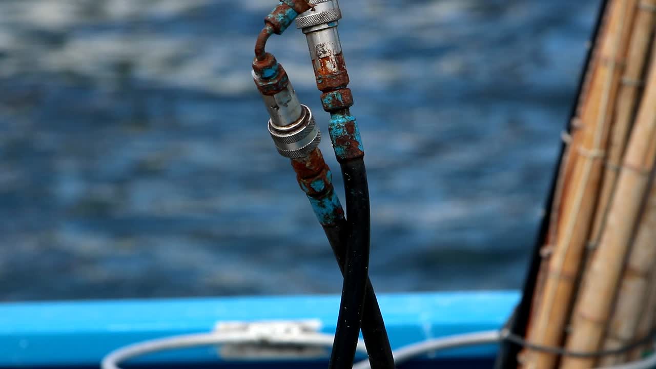 un par de gaviotas en su hábitat natural balanceándose a bordo de un barco pesquero a la deriva y luego volando