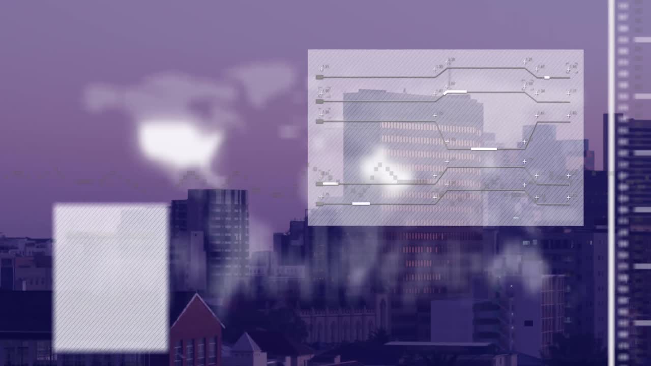 animación del procesamiento de datos y mapa del mundo sobre el paisaje urbano