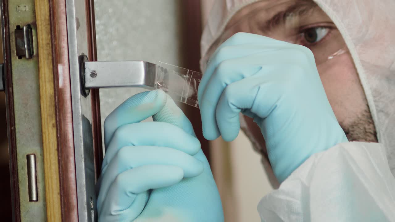 investigador forense tomando huellas dactilares de la manija de la puerta, evidencia de la escena del crimen