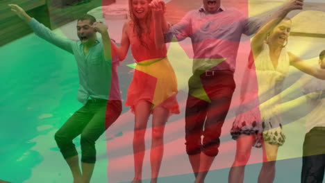 saltando a la piscina, un grupo de amigos celebrando sobre la bandera de camerún animación