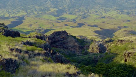 Aerial-view-of-the-Hawaiian-island-Maui-with-cliffs-and-its-lush,-rolling-green-hill-landscape