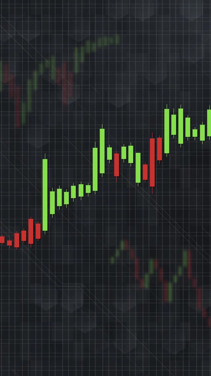 Dynamic candlestick chart animation with green and red bars, grid background, upward financial movement