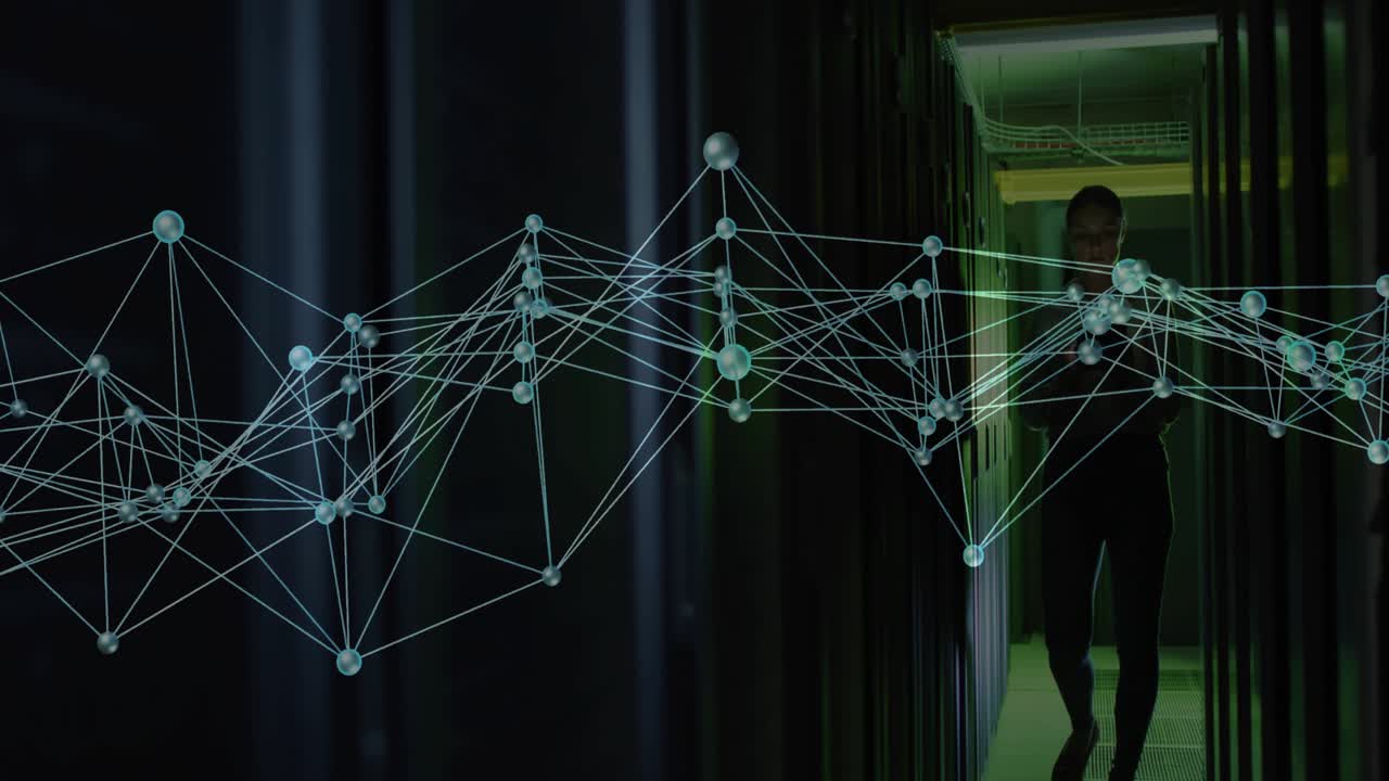 IT tech walking server aisle and gesturing with device, animating network nodes while monitoring