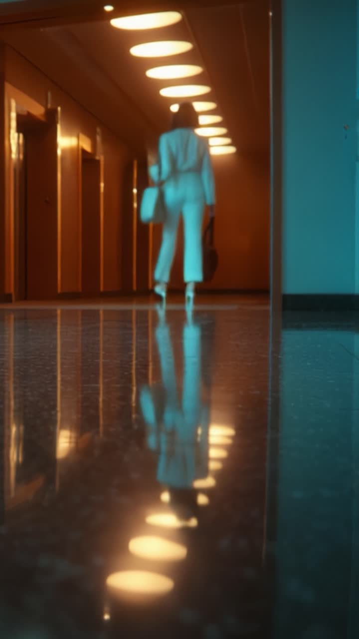 Un individuo elegante che cammina con sicurezza attraverso un corridoio moderno, con riflessi che luccicano sul pavimento e illuminato da luci a soffitto uniche.