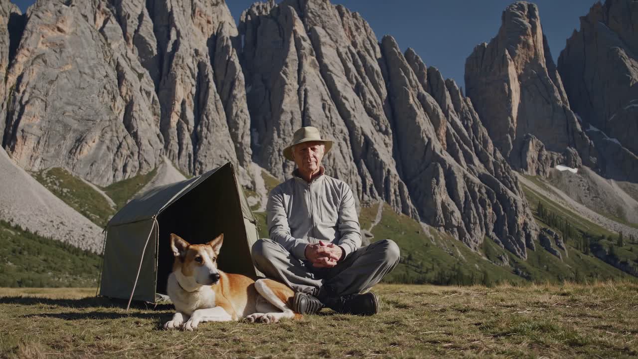 Senior Man and His Dog Relaxing in the Mountains