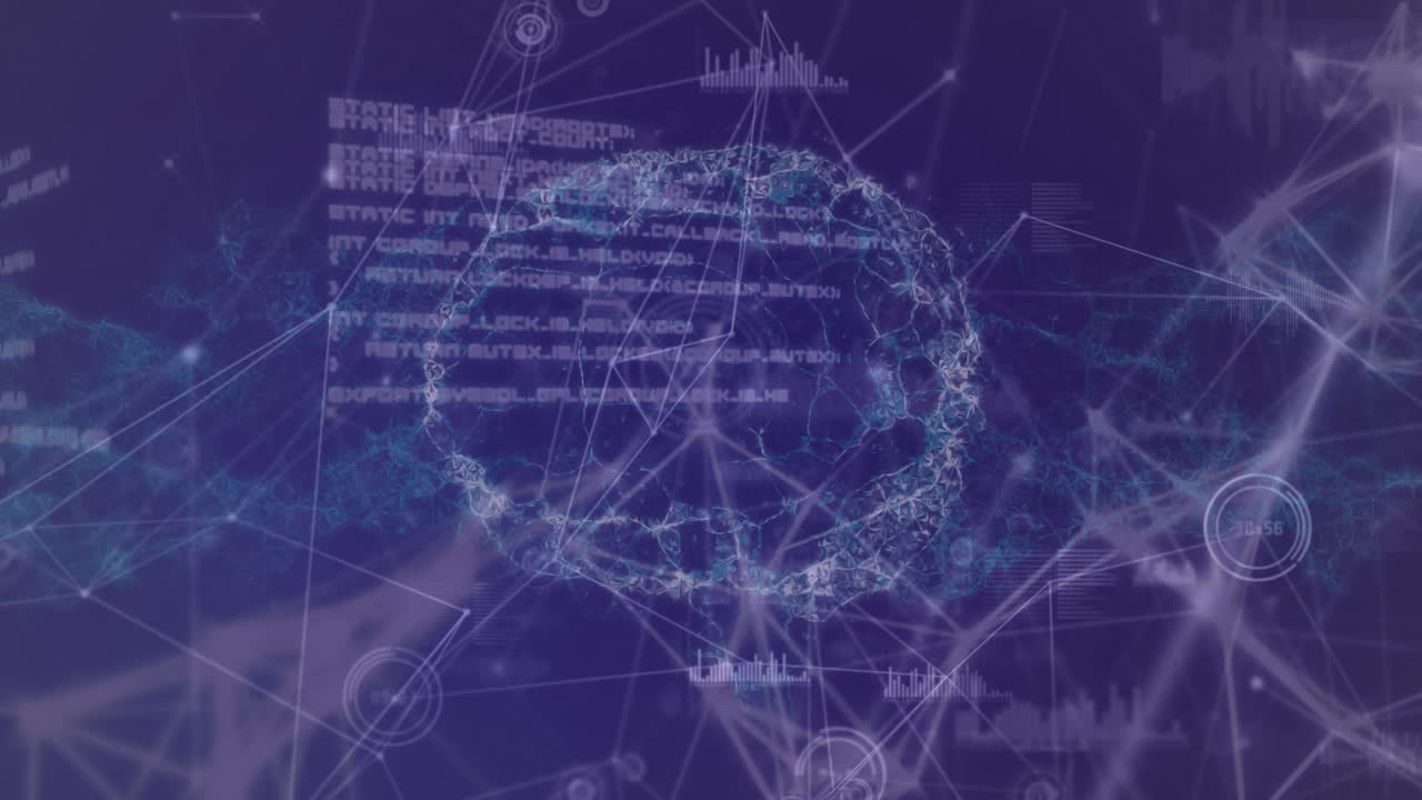 보라색 바탕에 인간의 뇌와 연결된 네트워크의 애니메이션