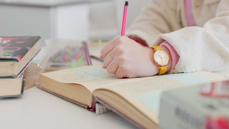 hands, writing in notebook and student studying